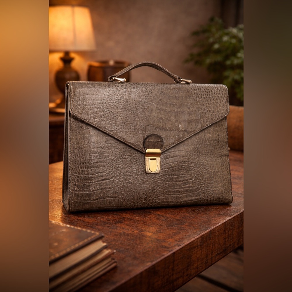 Vintage Reptile-Embossed Leather Briefcase • Classic Structured Portfolio Bag